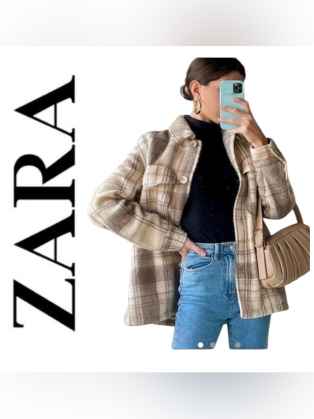 ZARA Oversized Plaid Shacket Wool Blend Flannel Overshirt Cream Brown Beige S